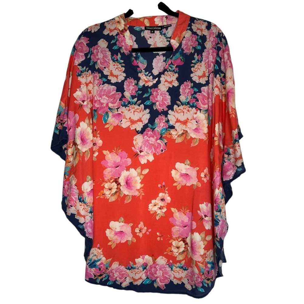 Tolani Collection Belle Coral Floral Mandarin Collar Kimono Kaftan Poncho‎ Top M